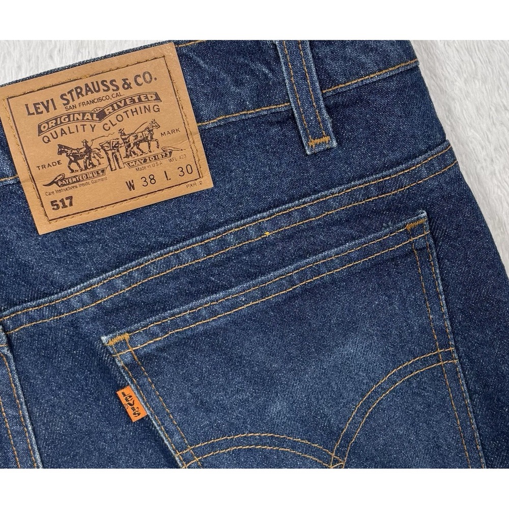 VINTAGE 90s Levis 517 Bootcut Jean Men 38x30 Dark Blue ORANGE TAB Made USA 20517